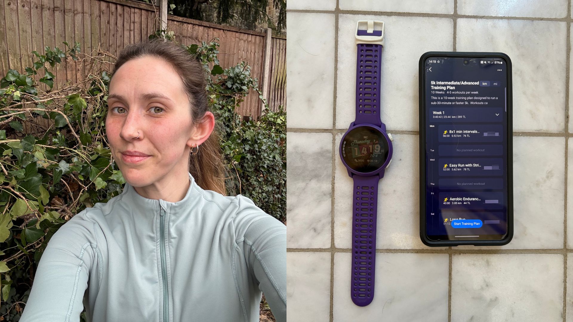 A collage image, showing on the left Ruth Gaukrodger wearing a running jacket and smiling at the camera, on the right we see a Coros Pace 3 Watch and a running plan open on a phone screen.